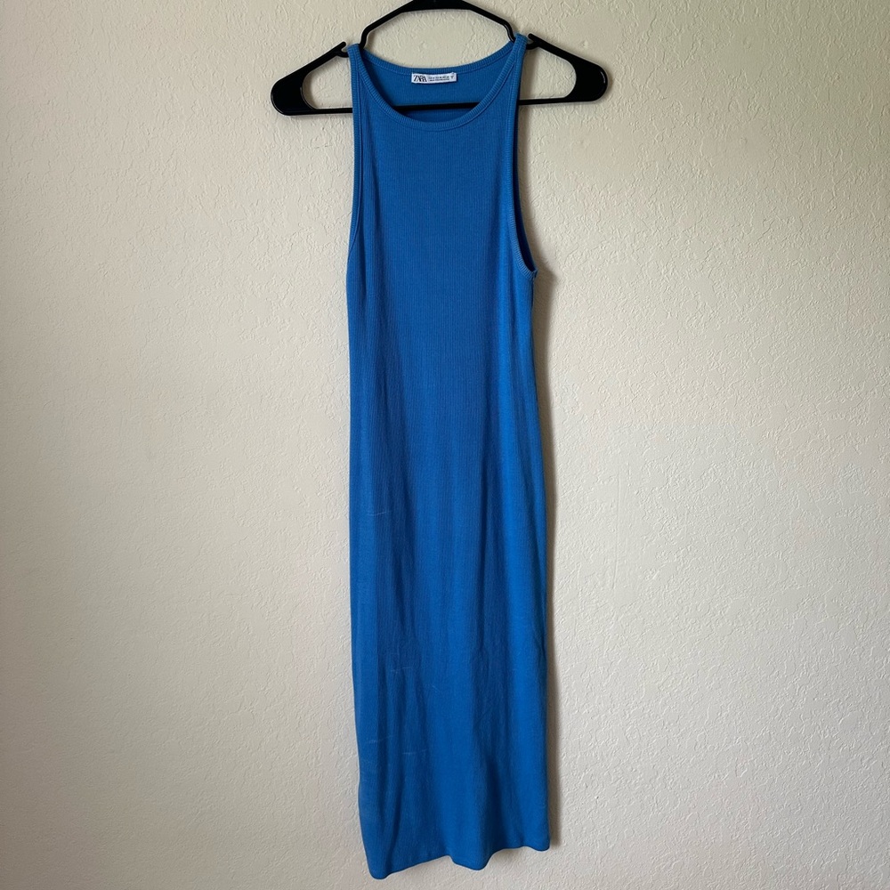 Zara Blue Sleeveless Halter Sheath Midi Dress